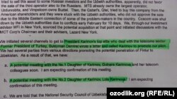 Швед прокурорлари очиқлаган имейлларга кўра TeliaSonera 2007 йилда Гулнора Каримова билан контакт ўрнатишга уринган.